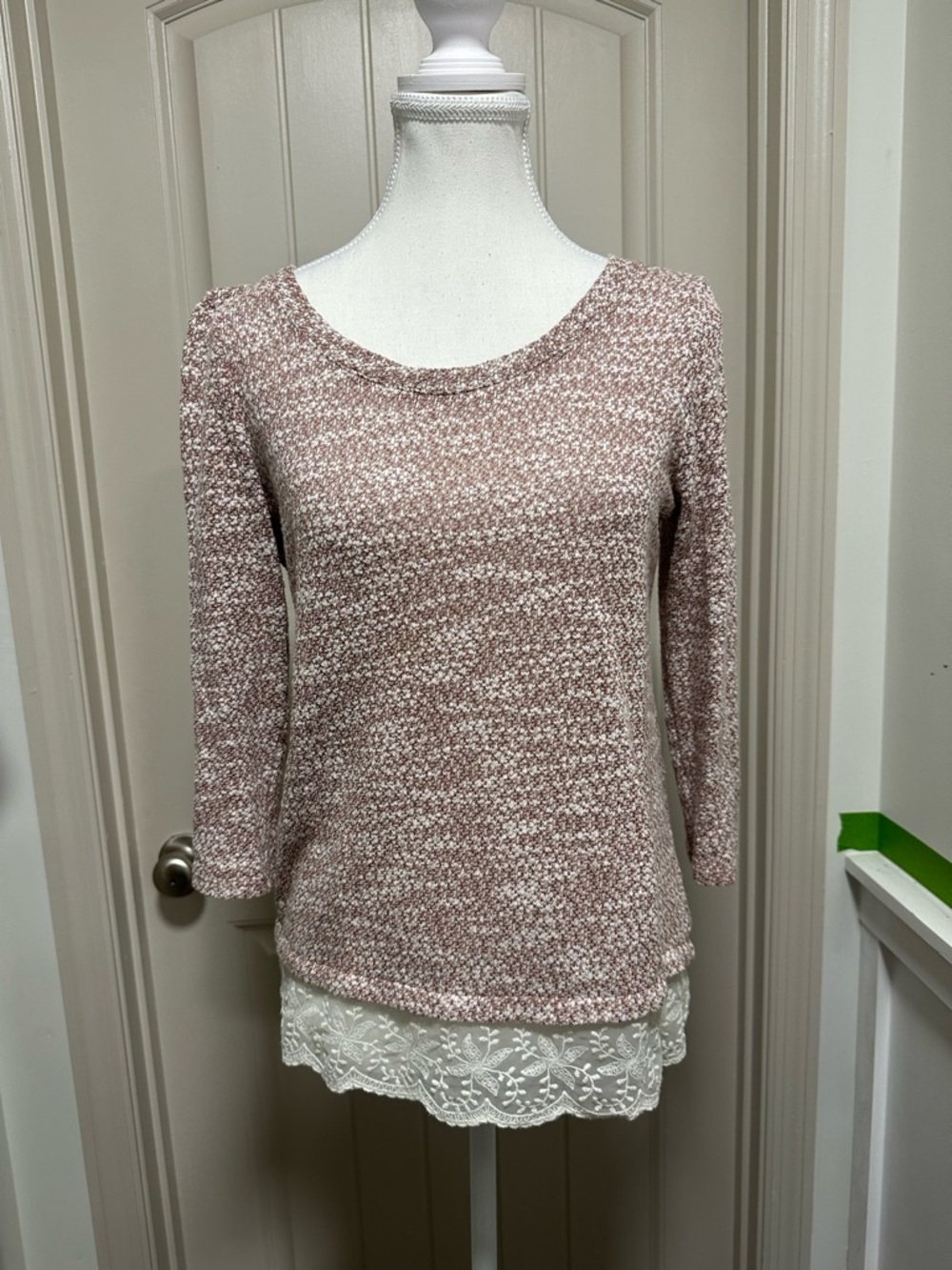 LOFT Dusty Rose and White Knit Sweater with Lace Trim